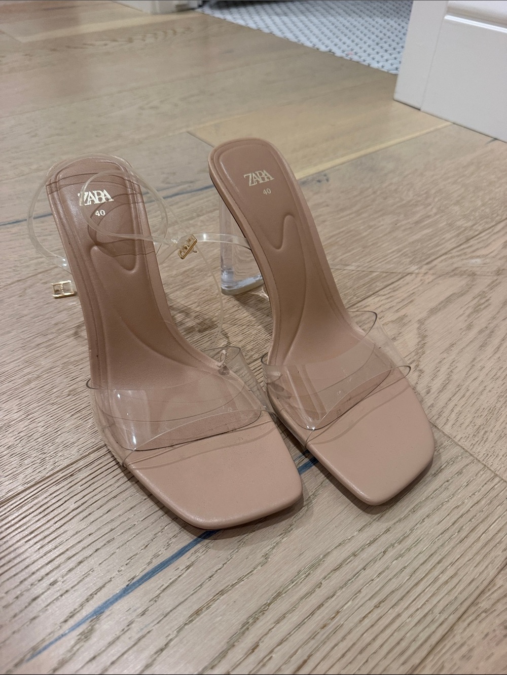 Zara Beige Nude Clear-Strap Block Heel Sandals